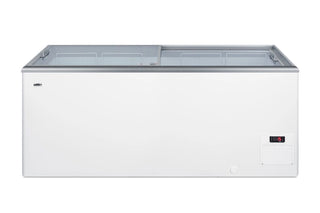 Summit NOVA53 61 inch white commercial chest freezer with sliding glass lids, front view