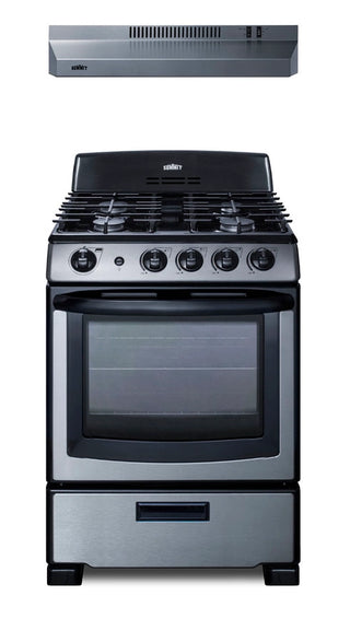 Summit RGH24RSS 24" Wide Gas Range and Convertible Hood Set in Stainless Steel