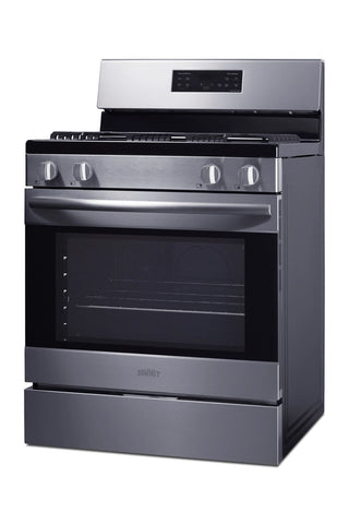 Summit RKGAS308SS stainless steel gas range, angled side view
