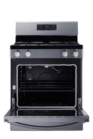 Summit RKGAS308SS gas range with oven door open showing empty racks