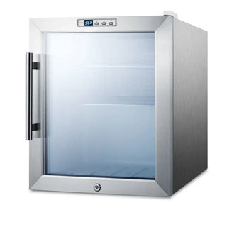 Summit SCR215LCSS 17-inch compact beverage center stainless steel wrapped cabinet angle view on a white background