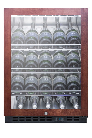 Summit SCR610BLCHPNR beverage cellar stocked with wine bottles, front view