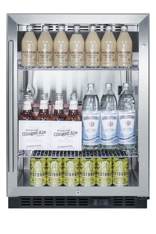 Summit SCR610BLCSS 24" beverage refrigerator stainless wrapped cabinet open door showing interior shelves
