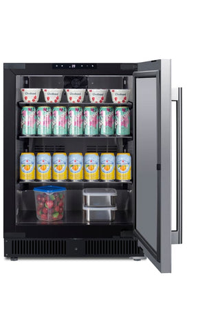 Summit SCR610BLSD 24" beverage refrigerator solid stainless door angle view on white background