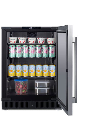 Summit SCR610BLSDCSS 24" beverage refrigerator stainless interior angle view on white background