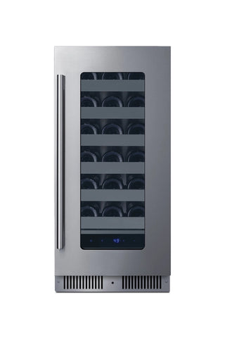 Summit SDHW1532 beverage cellar stocked with wine bottles, front view