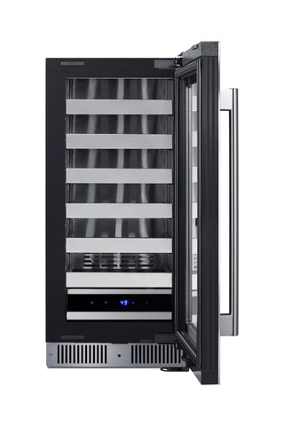 Summit SDHW1532 beverage cellar with door open showing wine shelves