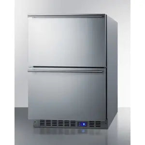 Angled front view of the Summit SPFF51OS2D outdoor freezer featuring two stainless steel storage drawers, a digital temperature control display, and weather-resistant construction. Designed for built-in outdoor kitchens and premium outdoor living spaces.