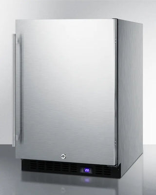 Front view of the Summit SPFF51OSCSS outdoor freezer featuring a stainless steel door, professional handle, digital temperature display, and weather-resistant construction. Designed for built-in or freestanding outdoor installation.