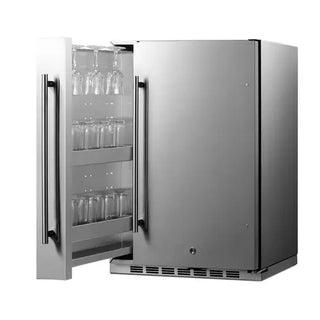 Summit SPR196OS24 outdoor beverage refrigerator with pull-out storage system and stainless steel door. The unit features adjustable shelves stocked with glassware, offering organized beverage storage and easy access for outdoor kitchens, patios, bars, and entertainment areas.