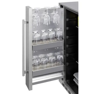 Pull-out glassware storage rack featured in the Summit SPR196OS24 outdoor refrigerator. The stainless steel organizer includes multiple tiers designed to securely hold wine glasses, tumblers, and drinkware while maximizing storage efficiency and providing convenient access.