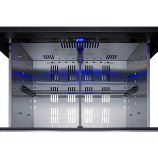 Interior view of the Summit SPR275OS2DPNR outdoor refrigerator featuring a stainless steel cabinet, blue LED lighting, digital temperature display, adjustable shelving rails, and forced-air cooling vents. The empty interior highlights the spacious storage area, premium construction, and even cooling distribution system.