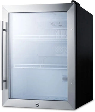 Summit SPR314LOSCSS beverage cooler with stainless steel frame, glass door, vertical handle, and front lock, shown in a front angled view.
