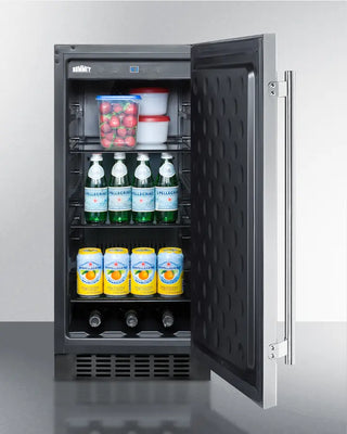 Summit SPR316OSCSS outdoor beverage center with stainless steel door open, showing shelves stocked with bottled water, canned drinks, food containers, and wine bottles.