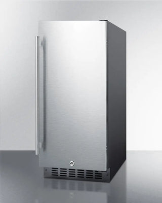 Summit SPR316OS outdoor beverage cooler with stainless steel solid door, front lock, and vertical handle, shown in a front angled view.