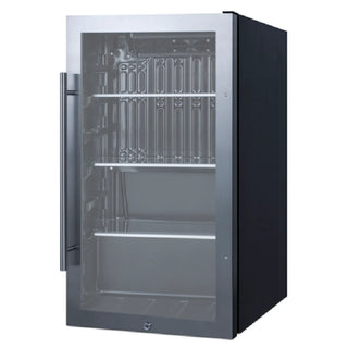 Summit SPR488BOS outdoor beverage refrigerator with glass door, stainless steel handle, black cabinet exterior, and adjustable wire shelves.
