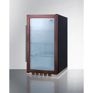 Front view of the Summit SPR489OSPNR beverage cooler featuring a glass door, wooden trim frame, and adjustable interior shelves.