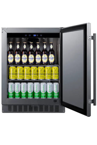 Summit SPR618OSADA outdoor beverage refrigerator with stainless steel door frame, open door design, and organized beer bottles and cans on adjustable shelves.