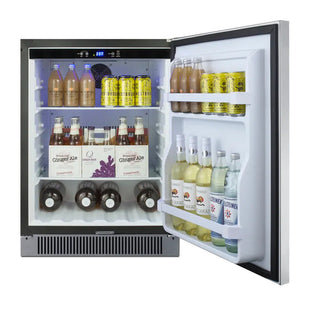 Open Summit SPR623OSCSS outdoor beverage refrigerator stocked with bottles, cans, and wine bottles on adjustable shelves and door storage compartments.