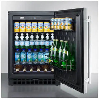 Open Summit SPR627OSCSS beverage refrigerator showing organized storage of cans, bottled drinks, and wine bottles on adjustable shelves and door racks.