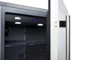 Close-up view of the Summit SPR627OS refrigerator interior featuring LED lighting, digital controls, and adjustable storage shelves.