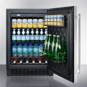 Open Summit SPR627OS outdoor beverage refrigerator stocked with cans, bottled drinks, and wine bottles on adjustable shelves and door storage racks.