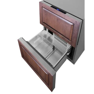 Summit SPRF34D7 drawer freezer with custom wood panel fronts, shown with the lower stainless steel freezer drawer open to display the storage compartment.