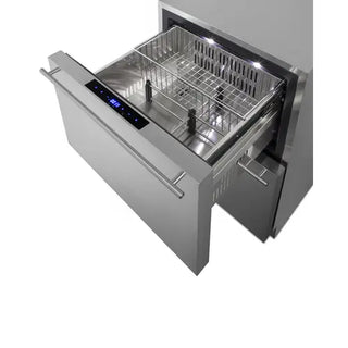 Summit SPRF34D stainless steel freezer drawer shown open with removable wire storage baskets and LED interior lighting.