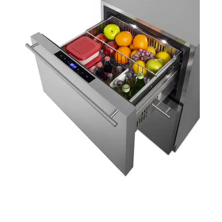 Summit SPRF34D stainless steel refrigerated drawer shown open and stocked with beverages, fresh fruit, and food containers in divided storage baskets.