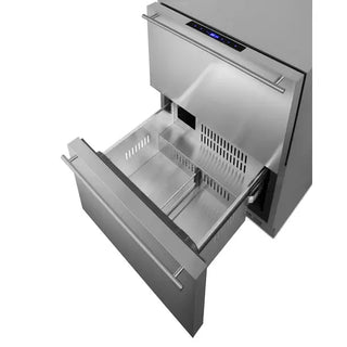 Summit SPRF34D outdoor refrigerated drawer refrigerator with both stainless steel drawers open, showing divided storage compartments and commercial-grade interior construction.
