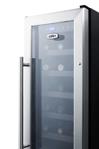Summit SWC1224B close-up of glass door, handle and Summit logo, angled view