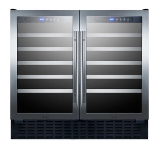 Summit SWC3668 36-inch French door dual-zone 68-bottle wine cellar with stainless glass doors, front view
