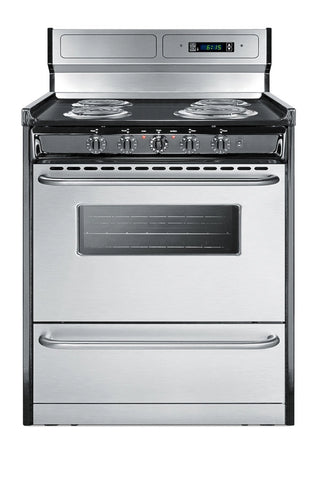 Summit TEM230BKWY 30" Wide Electric Coil Range with Deluxe Backguard in Stainless Steel