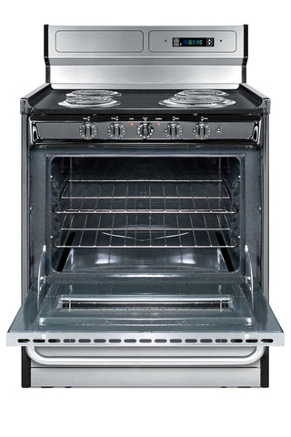 Summit TEM230BKWY 30" Wide Electric Coil Range with Deluxe Backguard in Stainless Steel