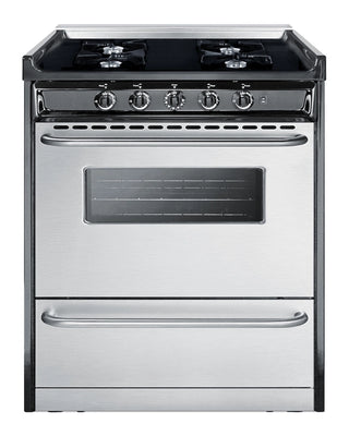 Summit TNM2107BRW 30" gas range with stainless steel door, black sides and low backguard, front view