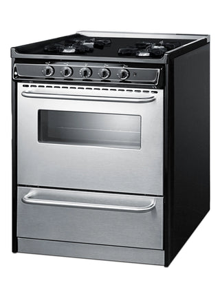 Summit TNM2107BRW gas range angled view showing black side panel and four open burners
