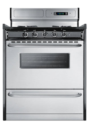 Summit TNM2307BKW gas range straight front view showing control knobs and oven window