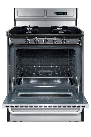 Summit TNM2307BKW gas range with oven door open showing oven interior and racks