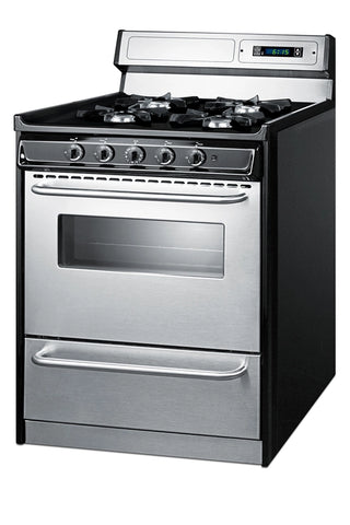 Summit TNM2307BKW gas range angled view with black side panel and backguard clock display