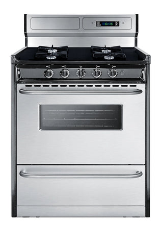Summit TNM2307BKW 30" stainless steel and black gas range with digital clock and timer, front view