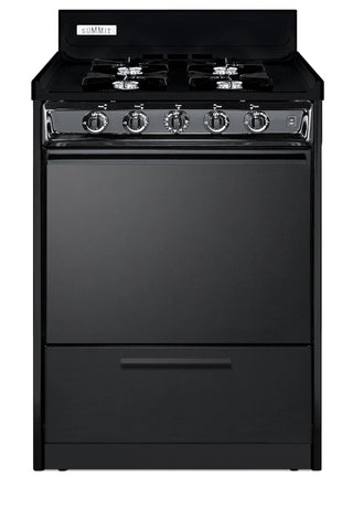 Summit TNM6107C 24" all-black gas range with high backguard and open burners, front view