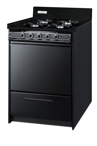 Summit TNM6107C black gas range angled side view with burner grates and broiler drawer