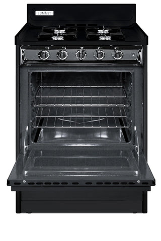 Summit TNM6107C gas range with oven door open showing black porcelain oven and racks