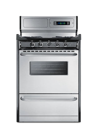 Summit TNM6307BKW 24" stainless steel and black gas range with digital clock and timer, front view