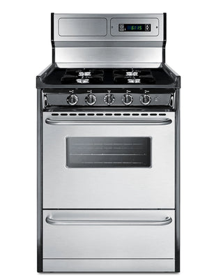 Summit TNM6307BKW gas range front view from above showing open burners and backguard