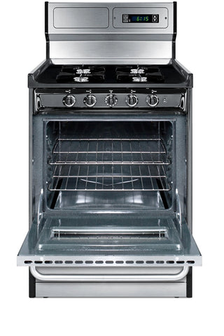 Summit TNM6307BKW gas range with oven door open showing oven interior and racks