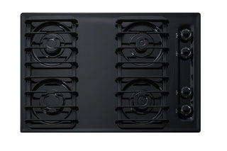 Summit TTL053S 30" black gas cooktop with four sealed burners and cast iron grates, top view