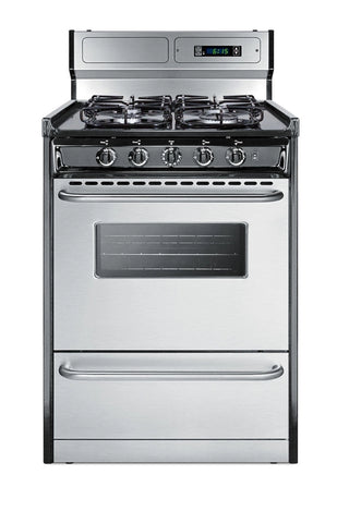 Summit TTM6307BKSW 24" stainless steel gas range with sealed burners and digital clock, front view
