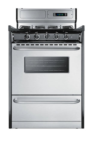 Summit TTM6307BKSW gas range front view from above showing burner grates and knobs