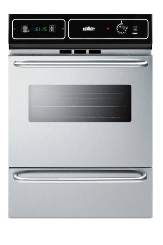 Summit TTM7212BKW 24" stainless steel single gas wall oven with digital clock and timer, front view